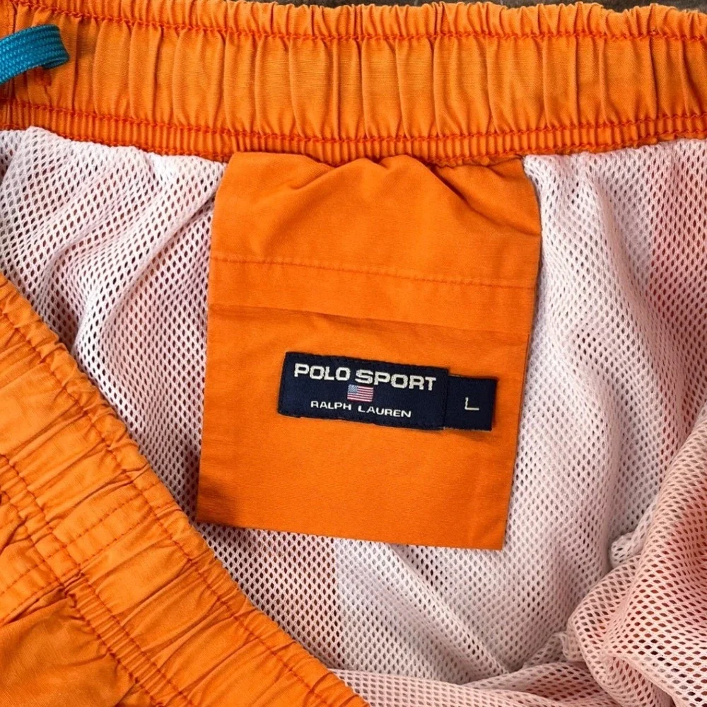 Y2K Polo Sport Ralph Lauren Mens Orange Swim Trunks Mesh Lined Size L VINTAGE